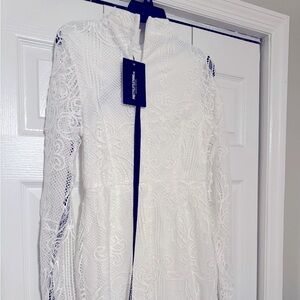 PrettyLittleThing White Lace Long-Sleeve High-Neck Mini Dress in size M